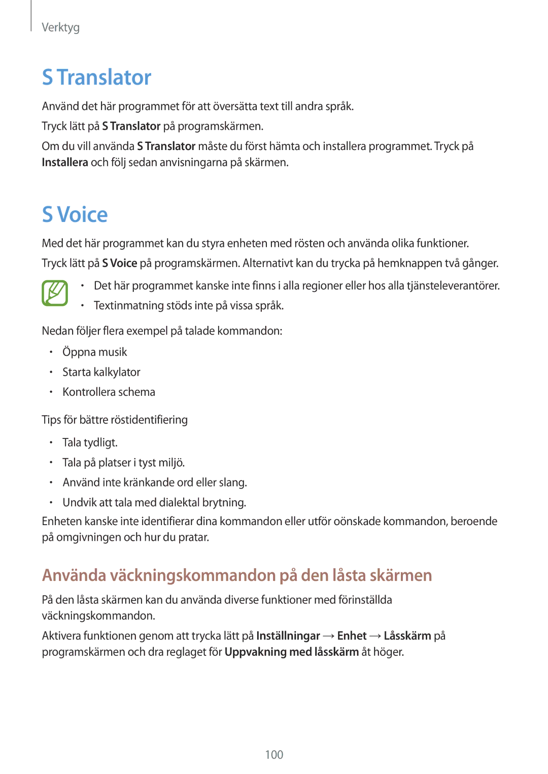 Samsung SM-P6000ZKANEE, SM-P6000ZKENEE, SM-P6000ZWENEE Translator, Voice, Använda väckningskommandon på den låsta skärmen 