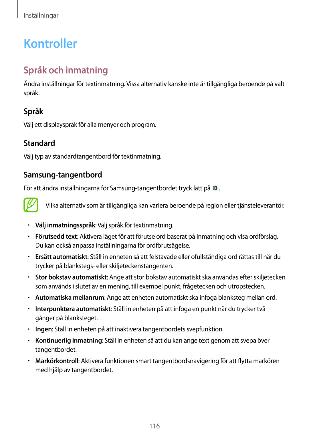 Samsung SM-P6000ZKANEE, SM-P6000ZKENEE, SM-P6000ZWENEE manual Kontroller, Språk och inmatning, Standard, Samsung-tangentbord 