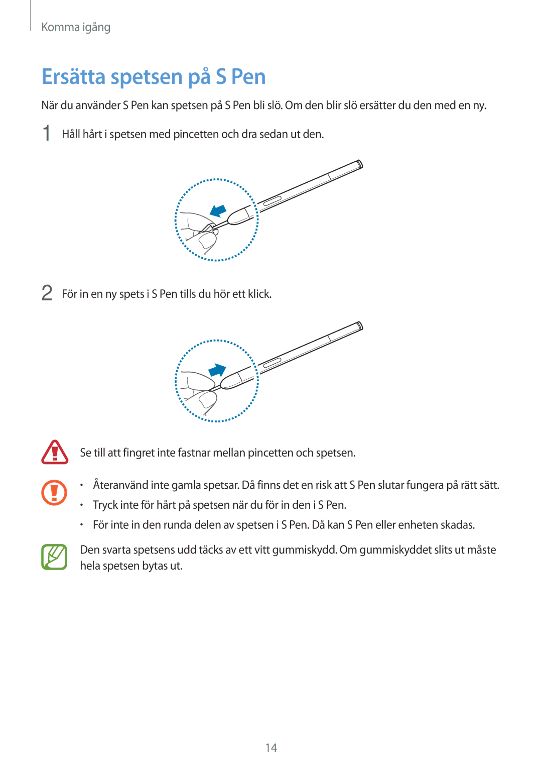 Samsung SM-P6000ZWENEE, SM-P6000ZKANEE, SM-P6000ZKENEE, SM-P6000ZWANEE manual Ersätta spetsen på S Pen 