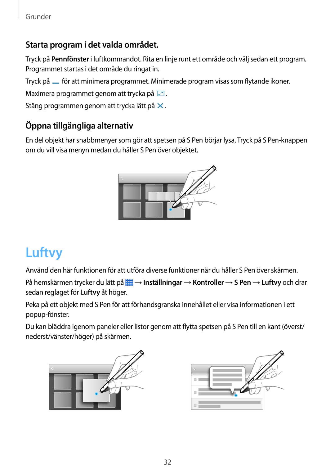 Samsung SM-P6000ZKANEE, SM-P6000ZKENEE manual Luftvy, Starta program i det valda området, Öppna tillgängliga alternativ 