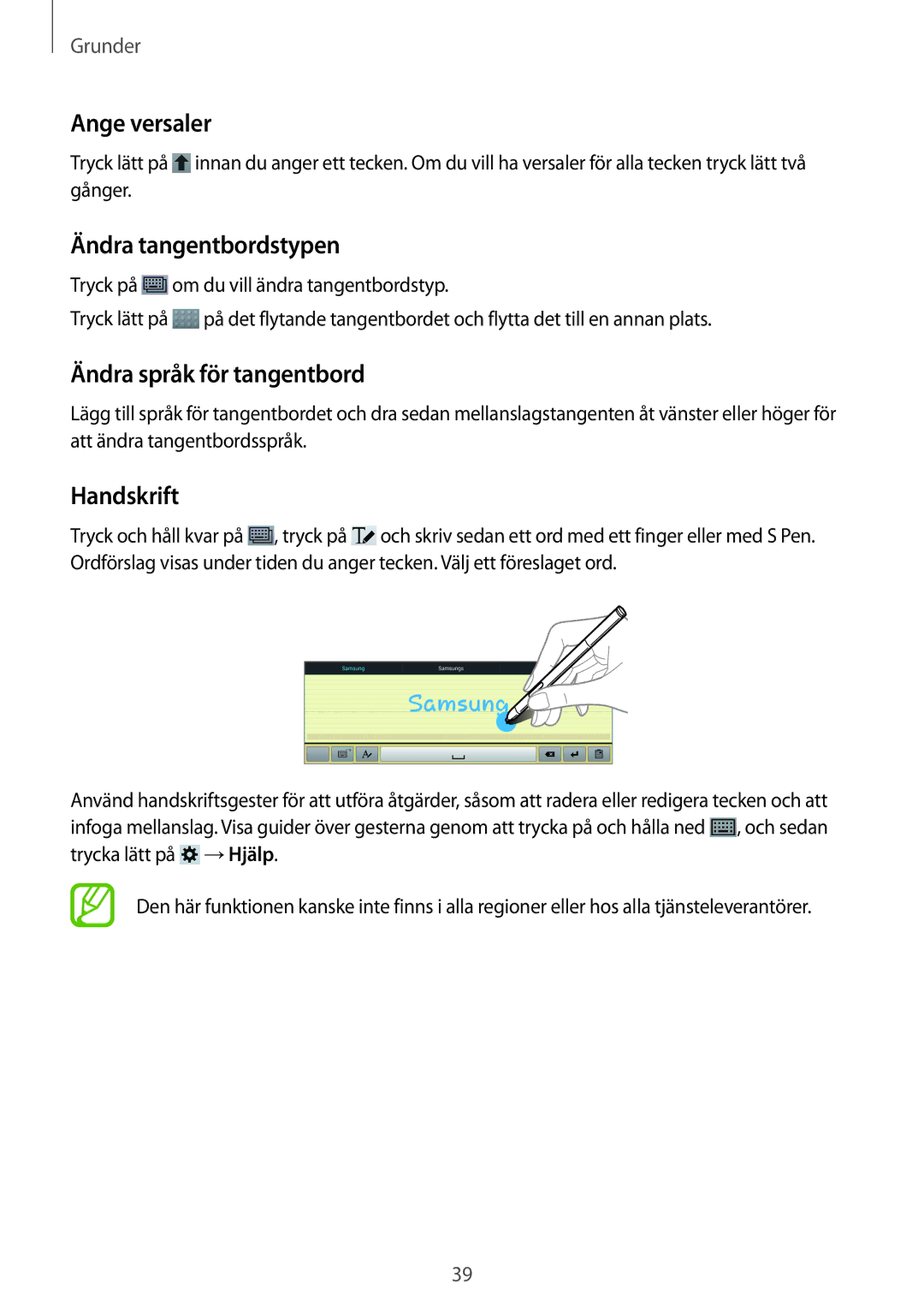 Samsung SM-P6000ZWANEE, SM-P6000ZKANEE Ange versaler, Ändra tangentbordstypen, Ändra språk för tangentbord, Handskrift 