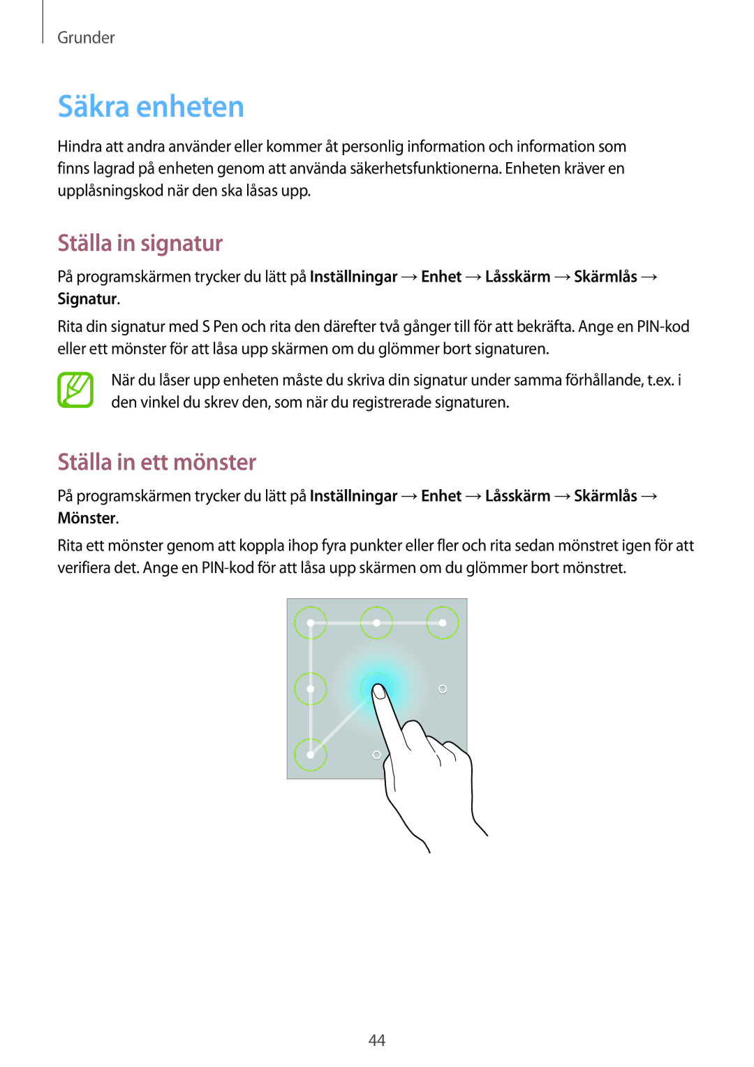 Samsung SM-P6000ZKANEE, SM-P6000ZKENEE, SM-P6000ZWENEE manual Säkra enheten, Ställa in signatur, Ställa in ett mönster 