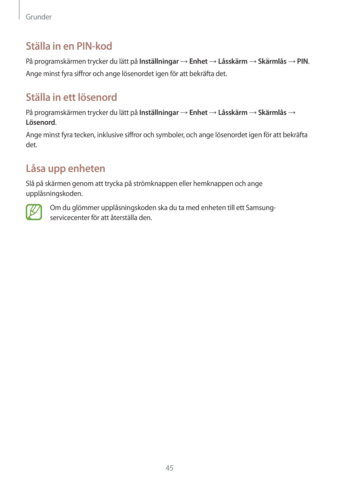 Samsung SM-P6000ZKENEE, SM-P6000ZKANEE, SM-P6000ZWENEE manual Ställa in en PIN-kod, Ställa in ett lösenord, Låsa upp enheten 