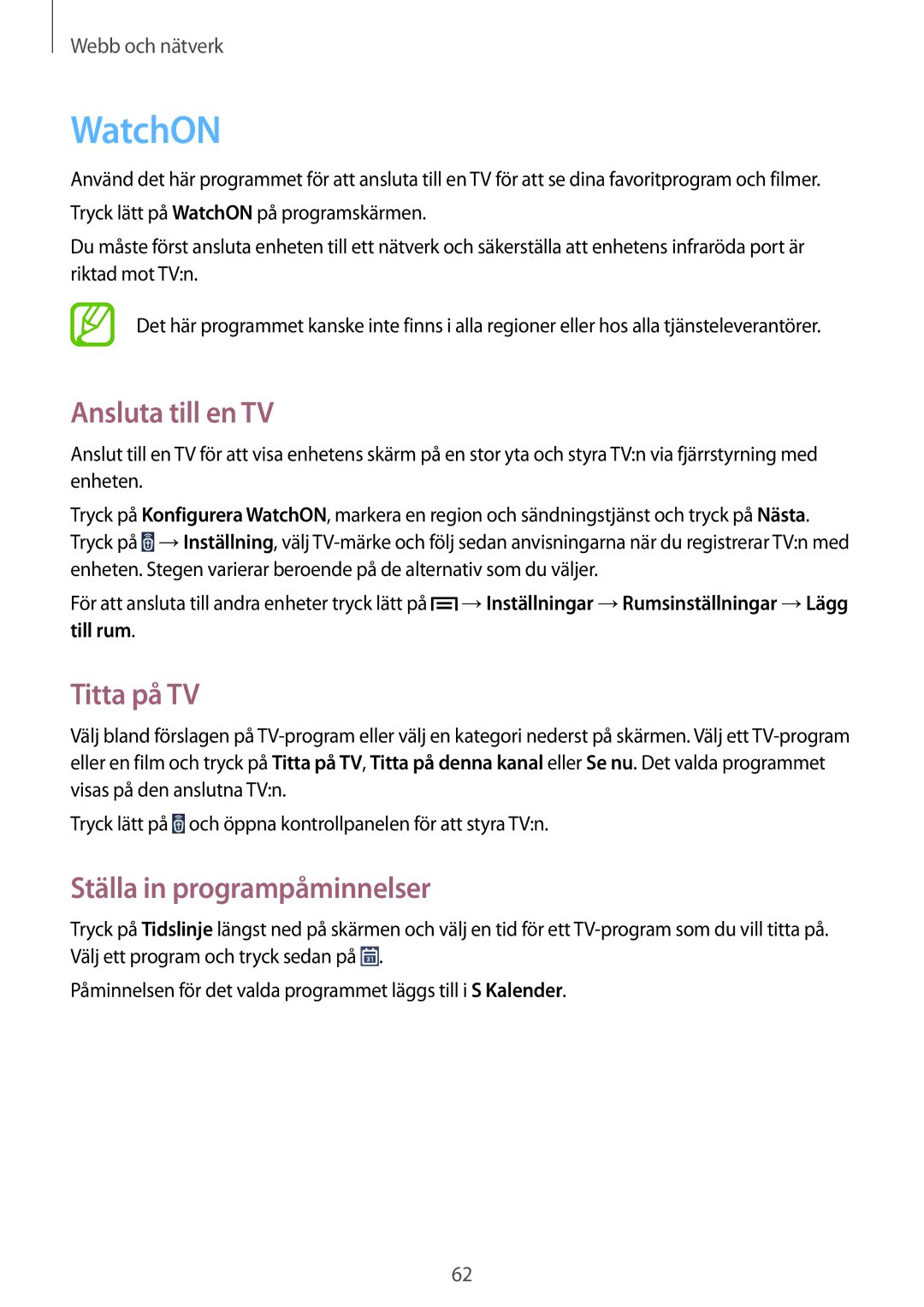 Samsung SM-P6000ZWENEE, SM-P6000ZKANEE manual WatchON, Ansluta till en TV, Titta på TV, Ställa in programpåminnelser 