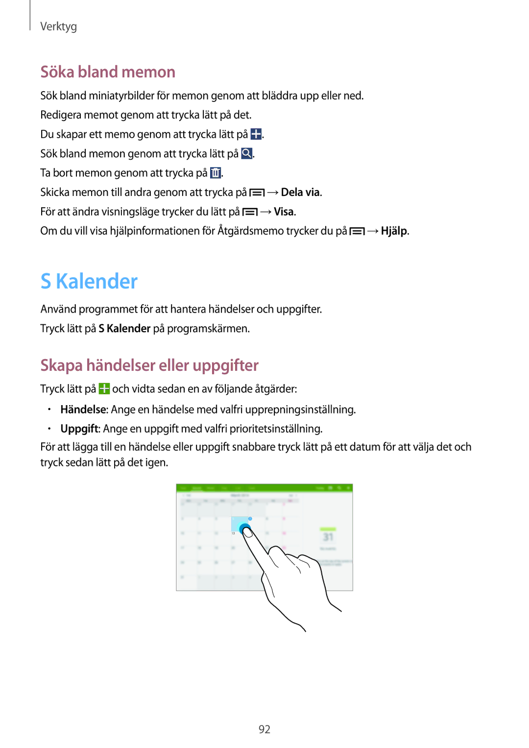 Samsung SM-P6000ZKANEE, SM-P6000ZKENEE, SM-P6000ZWENEE manual Kalender, Söka bland memon, Skapa händelser eller uppgifter 