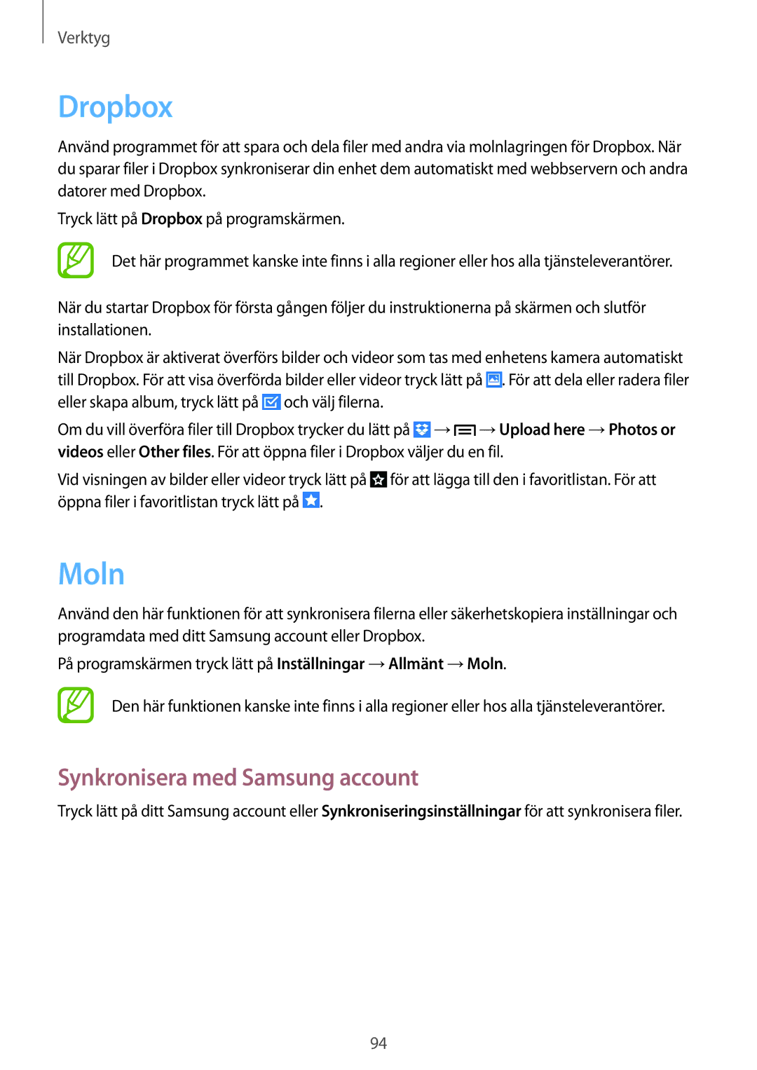 Samsung SM-P6000ZWENEE, SM-P6000ZKANEE, SM-P6000ZKENEE, SM-P6000ZWANEE manual Dropbox, Moln, Synkronisera med Samsung account 