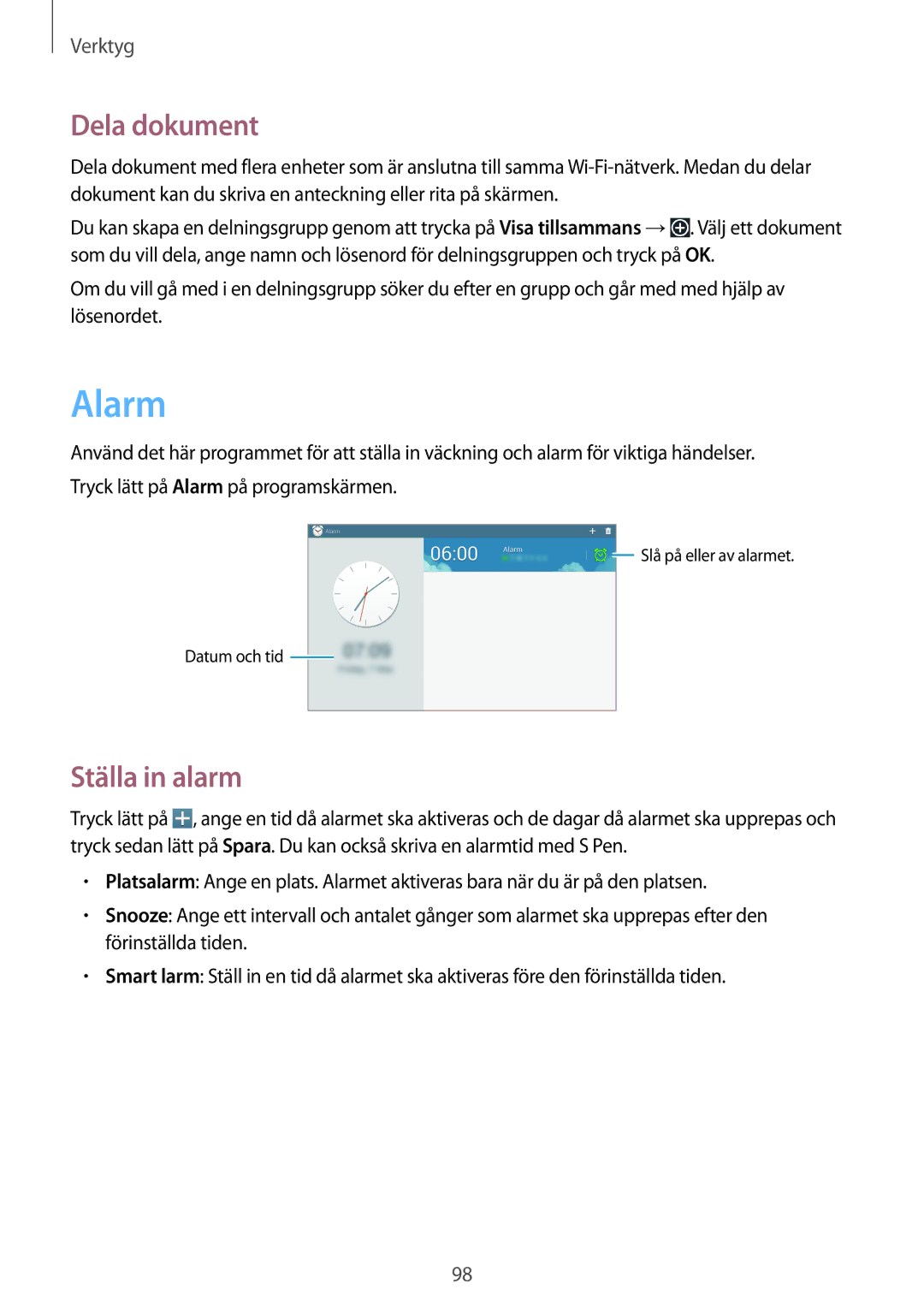 Samsung SM-P6000ZWENEE, SM-P6000ZKANEE, SM-P6000ZKENEE, SM-P6000ZWANEE manual Alarm, Dela dokument, Ställa in alarm 