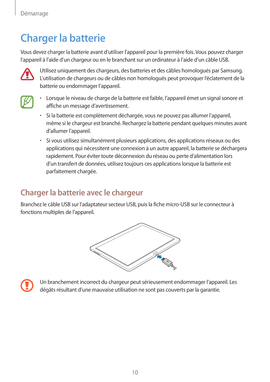 Samsung SM-P6000ZKAXEF, SM-P6000ZWAXEF manual Charger la batterie avec le chargeur 