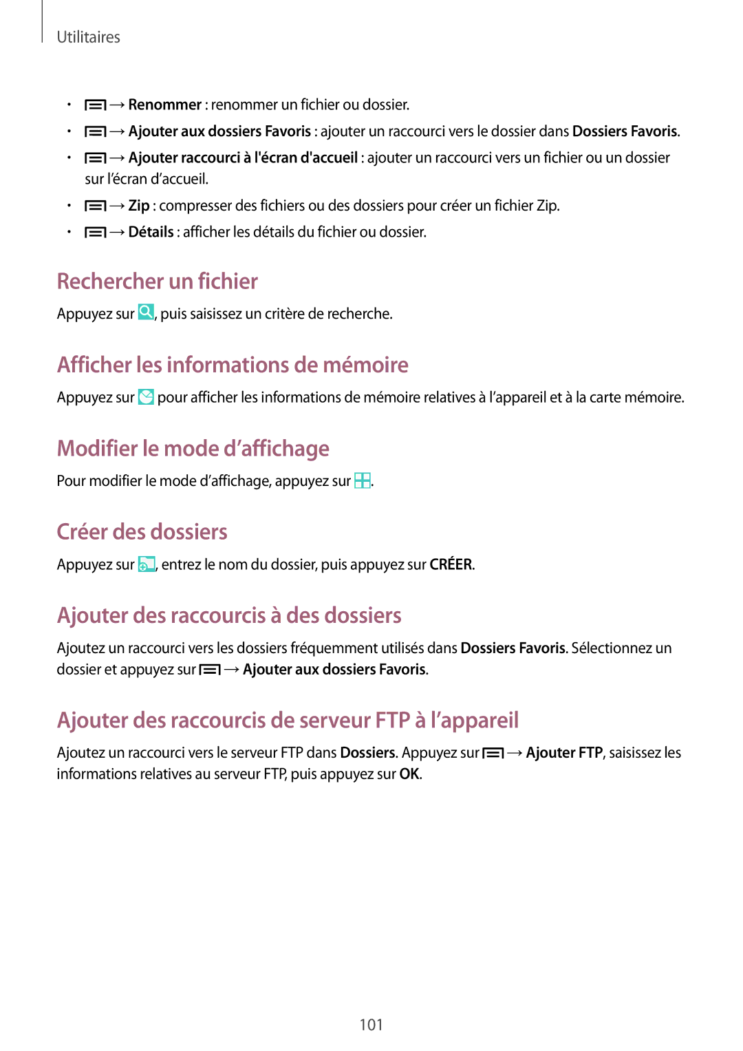 Samsung SM-P6000ZWAXEF manual Rechercher un fichier, Afficher les informations de mémoire, Modifier le mode d’affichage 