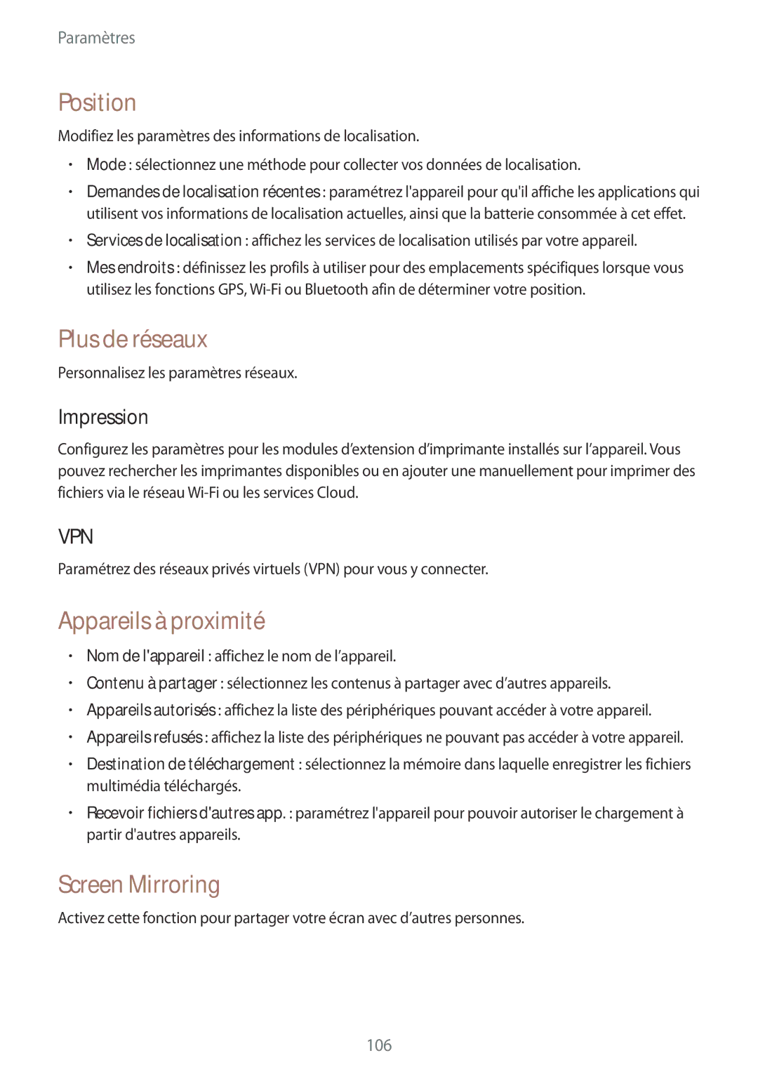 Samsung SM-P6000ZKAXEF, SM-P6000ZWAXEF manual Position, Plus de réseaux, Appareils à proximité, Screen Mirroring, Impression 