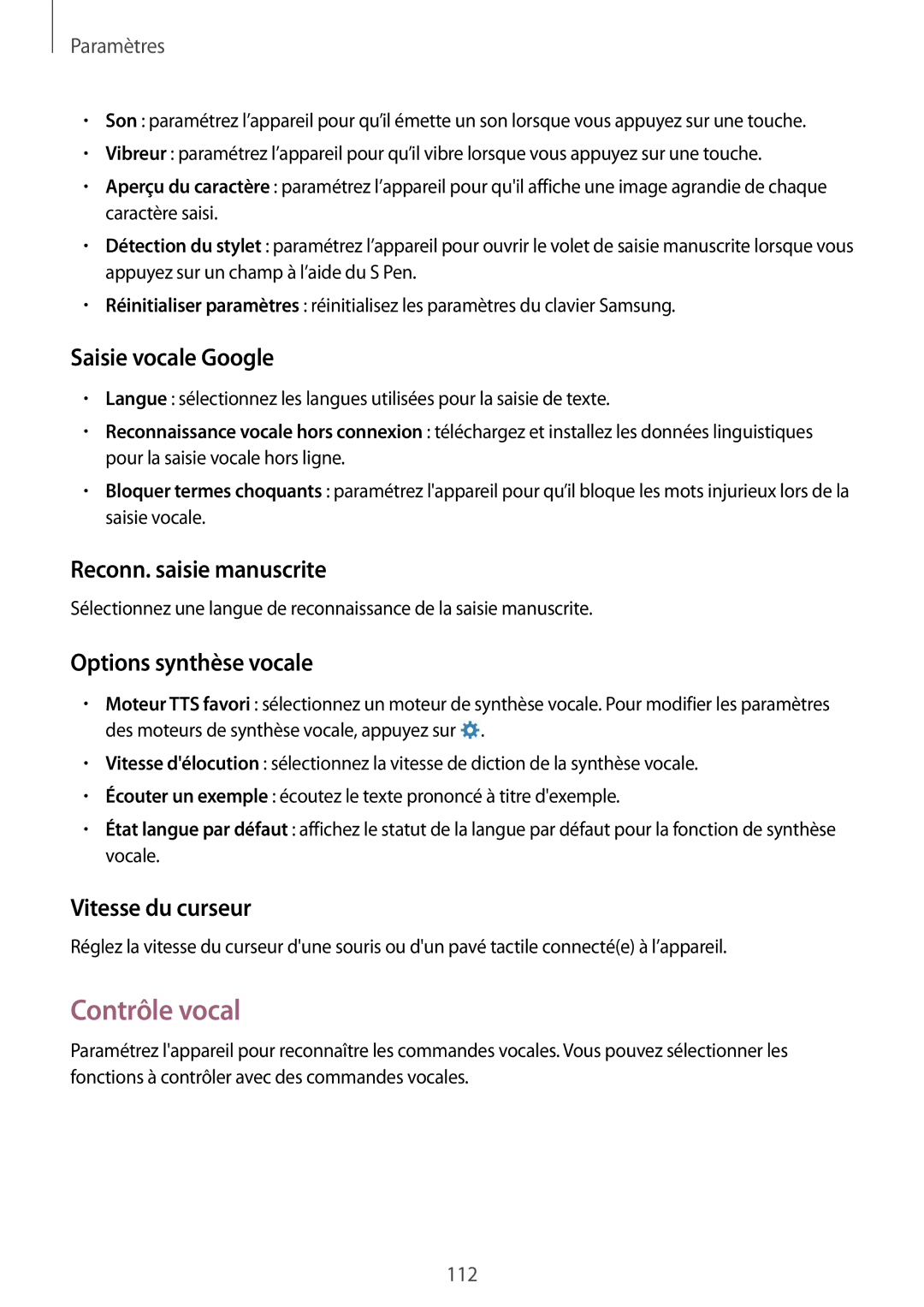 Samsung SM-P6000ZKAXEF manual Contrôle vocal, Saisie vocale Google, Reconn. saisie manuscrite, Options synthèse vocale 