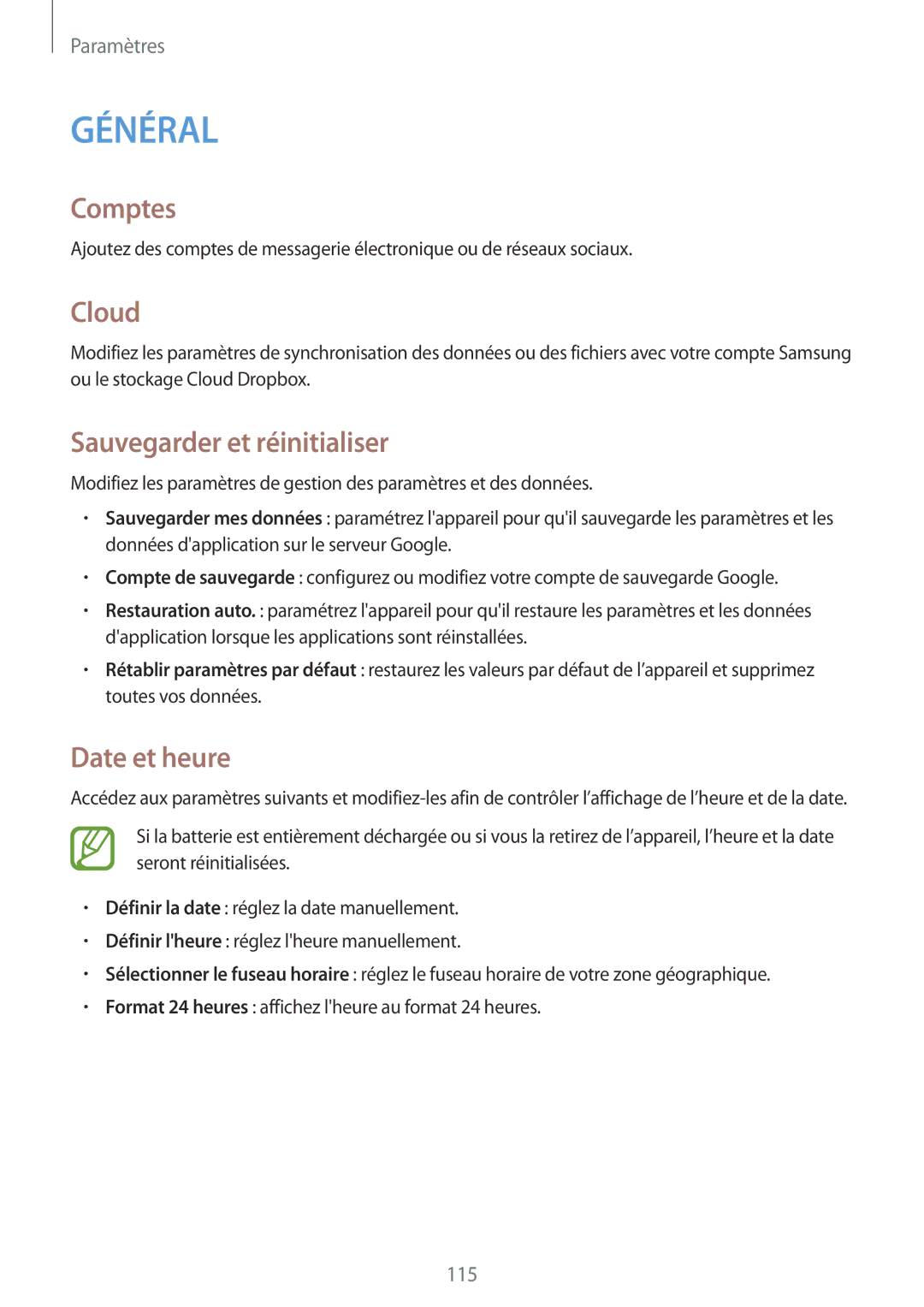 Samsung SM-P6000ZWAXEF, SM-P6000ZKAXEF manual Comptes, Cloud, Sauvegarder et réinitialiser, Date et heure 