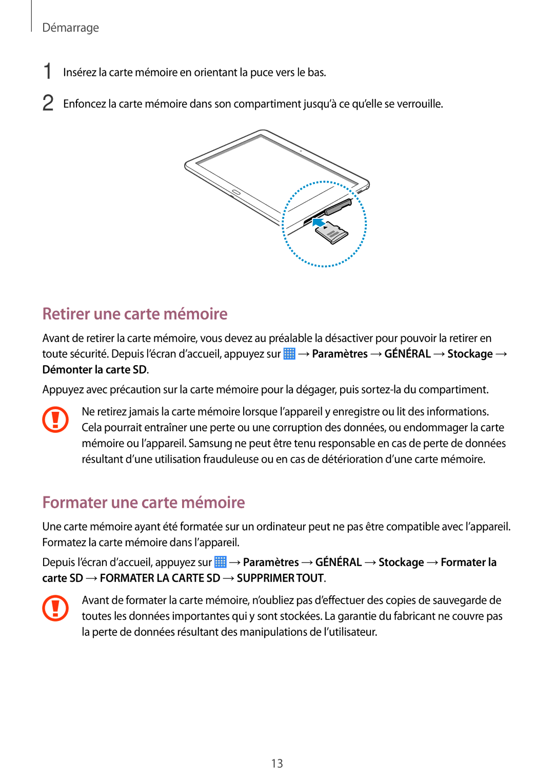 Samsung SM-P6000ZWAXEF, SM-P6000ZKAXEF manual Retirer une carte mémoire, Formater une carte mémoire 