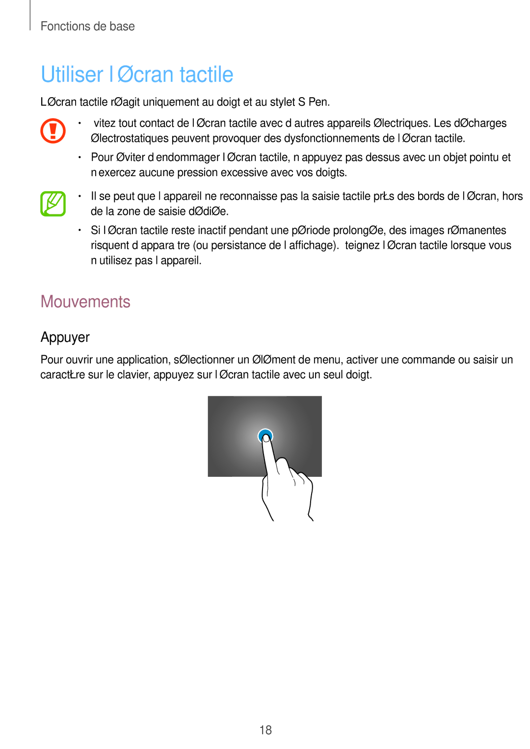 Samsung SM-P6000ZKAXEF, SM-P6000ZWAXEF manual Utiliser l’écran tactile, Mouvements, Appuyer 