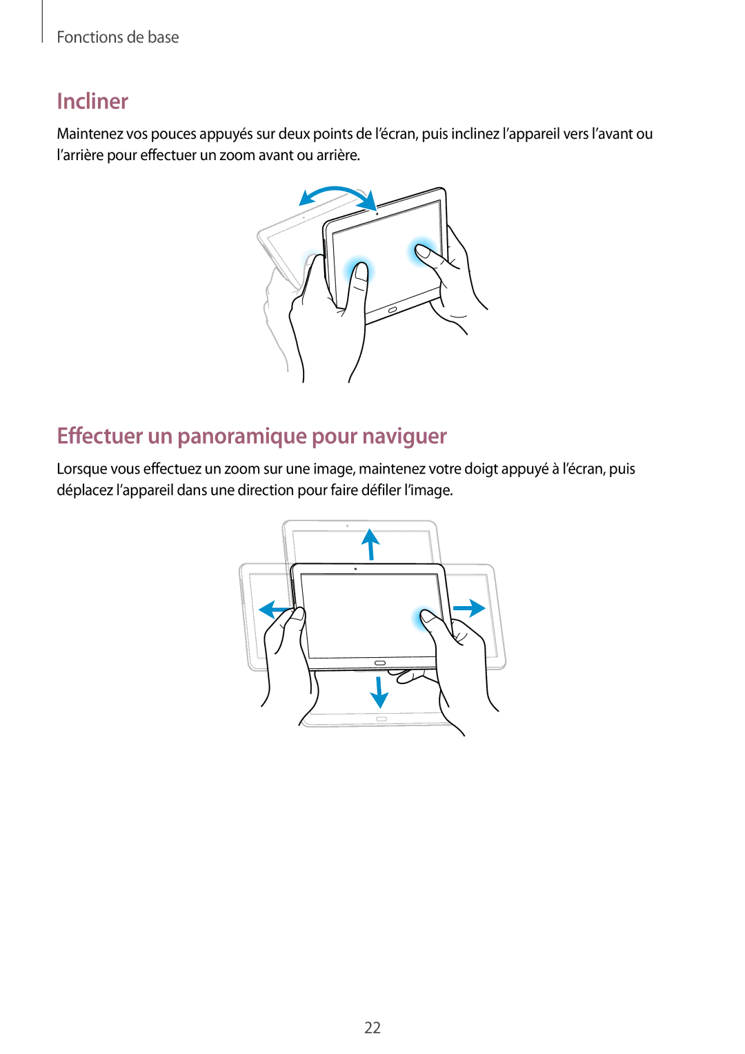 Samsung SM-P6000ZKAXEF, SM-P6000ZWAXEF manual Incliner, Effectuer un panoramique pour naviguer 