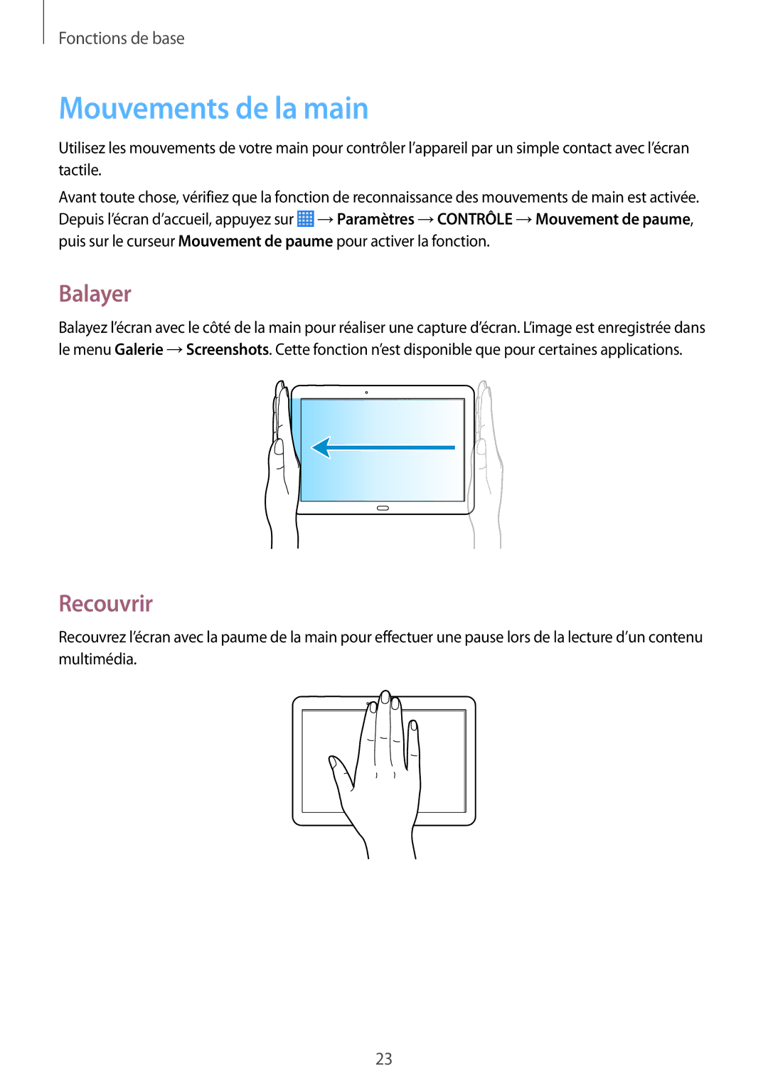 Samsung SM-P6000ZWAXEF, SM-P6000ZKAXEF manual Mouvements de la main, Balayer, Recouvrir 