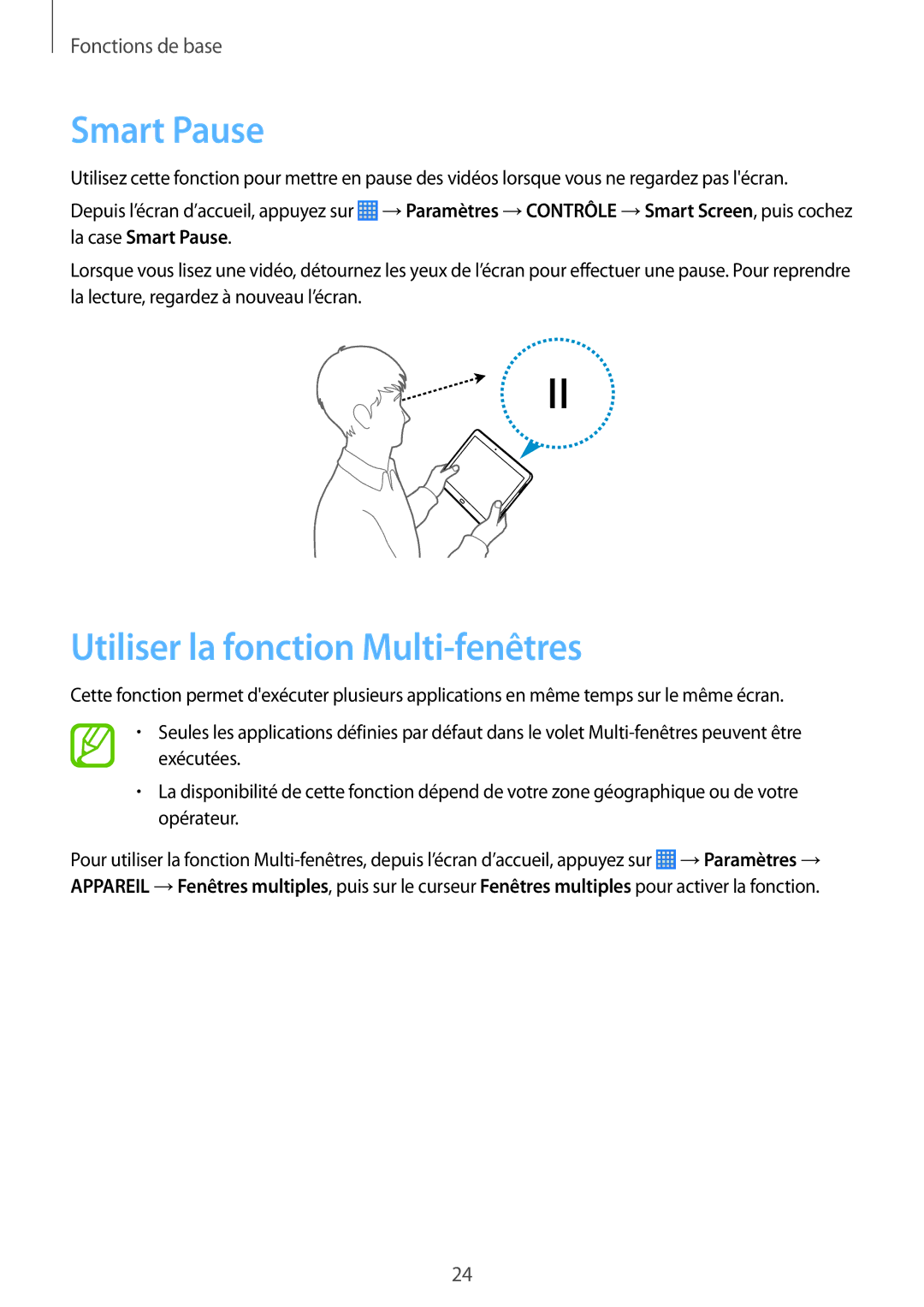 Samsung SM-P6000ZKAXEF, SM-P6000ZWAXEF manual Smart Pause, Utiliser la fonction Multi-fenêtres 