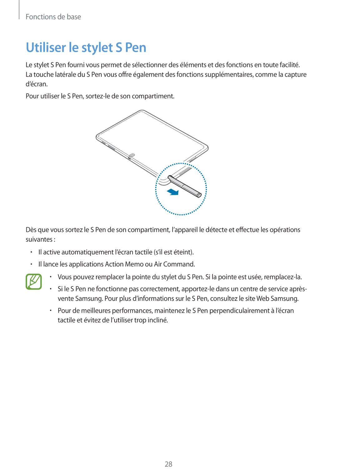 Samsung SM-P6000ZKAXEF, SM-P6000ZWAXEF manual Utiliser le stylet S Pen 