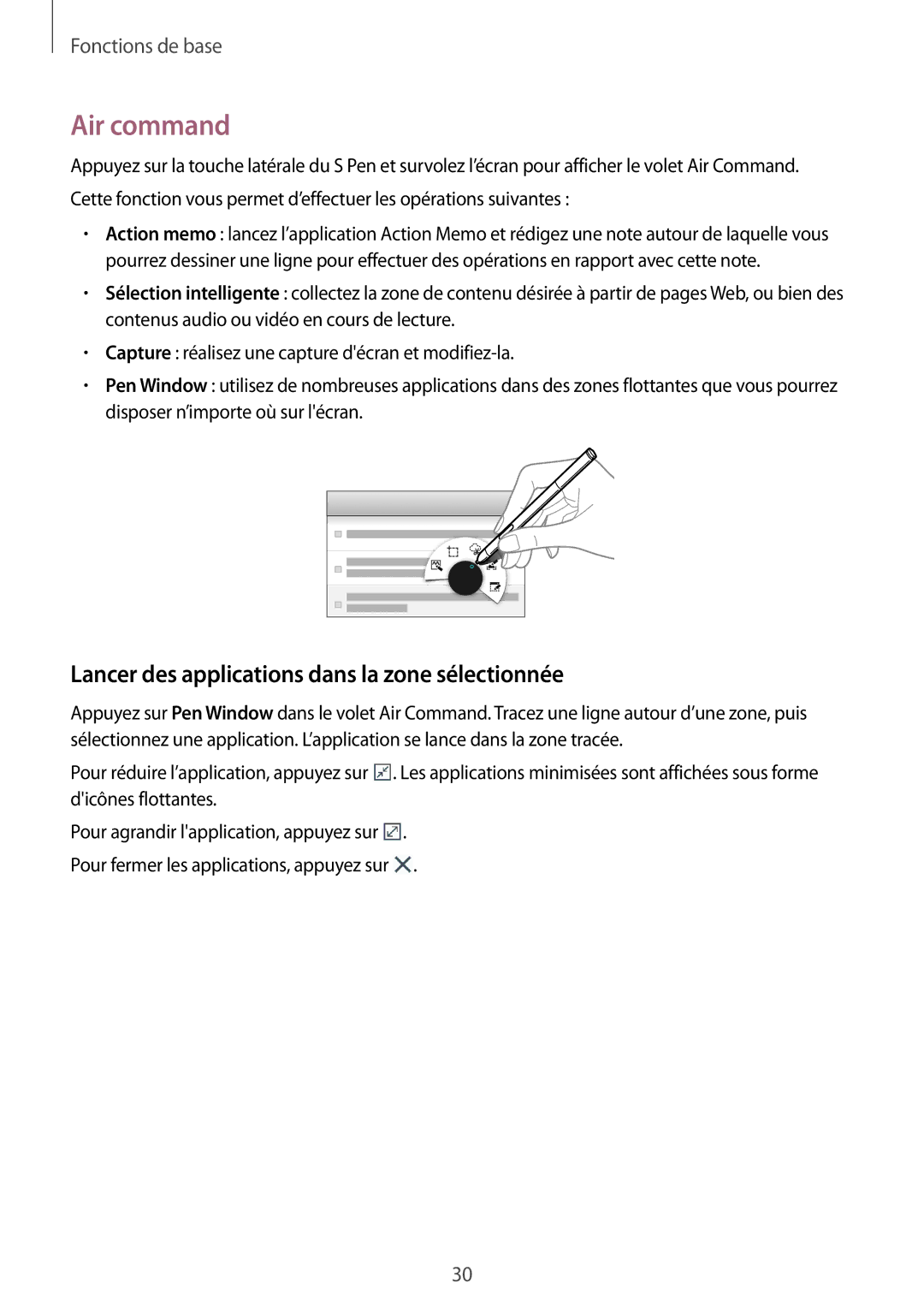 Samsung SM-P6000ZKAXEF, SM-P6000ZWAXEF manual Air command, Lancer des applications dans la zone sélectionnée 