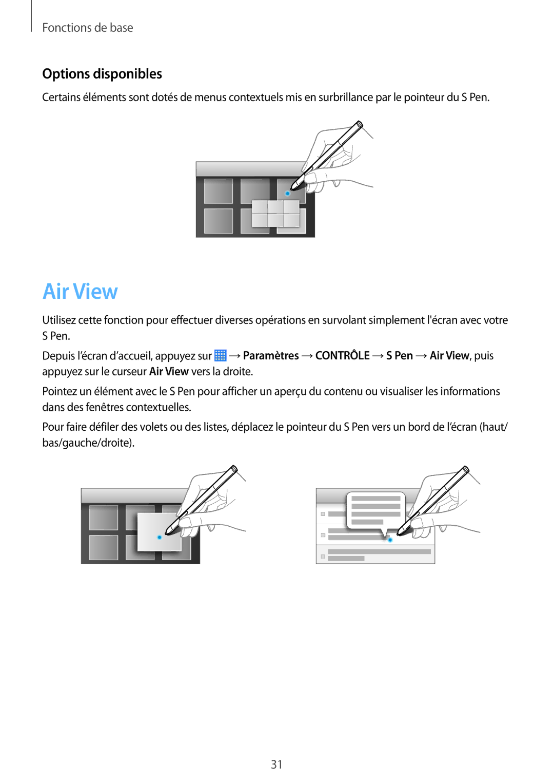 Samsung SM-P6000ZWAXEF, SM-P6000ZKAXEF manual Air View, Options disponibles 