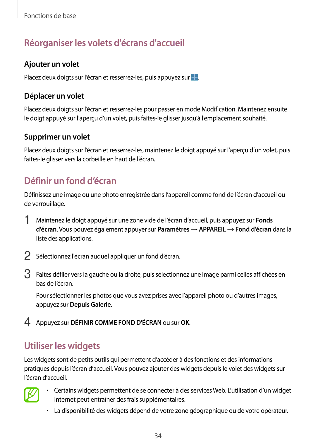 Samsung SM-P6000ZKAXEF manual Réorganiser les volets décrans daccueil, Définir un fond d’écran, Utiliser les widgets 