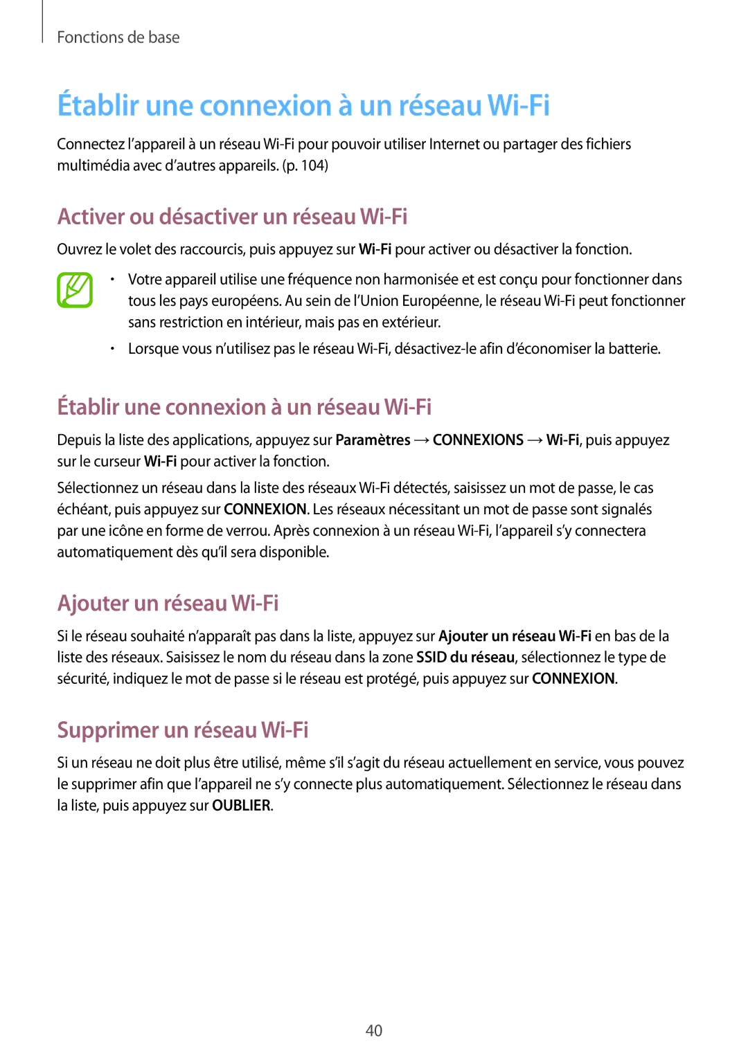 Samsung SM-P6000ZKAXEF, SM-P6000ZWAXEF manual Établir une connexion à un réseau Wi-Fi, Activer ou désactiver un réseau Wi-Fi 