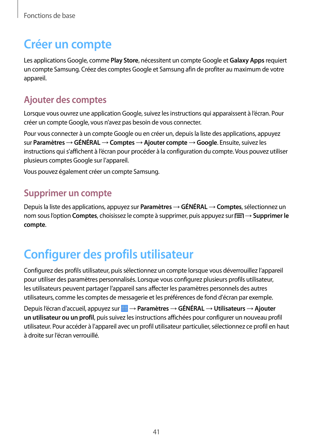 Samsung SM-P6000ZWAXEF manual Créer un compte, Configurer des profils utilisateur, Ajouter des comptes, Supprimer un compte 