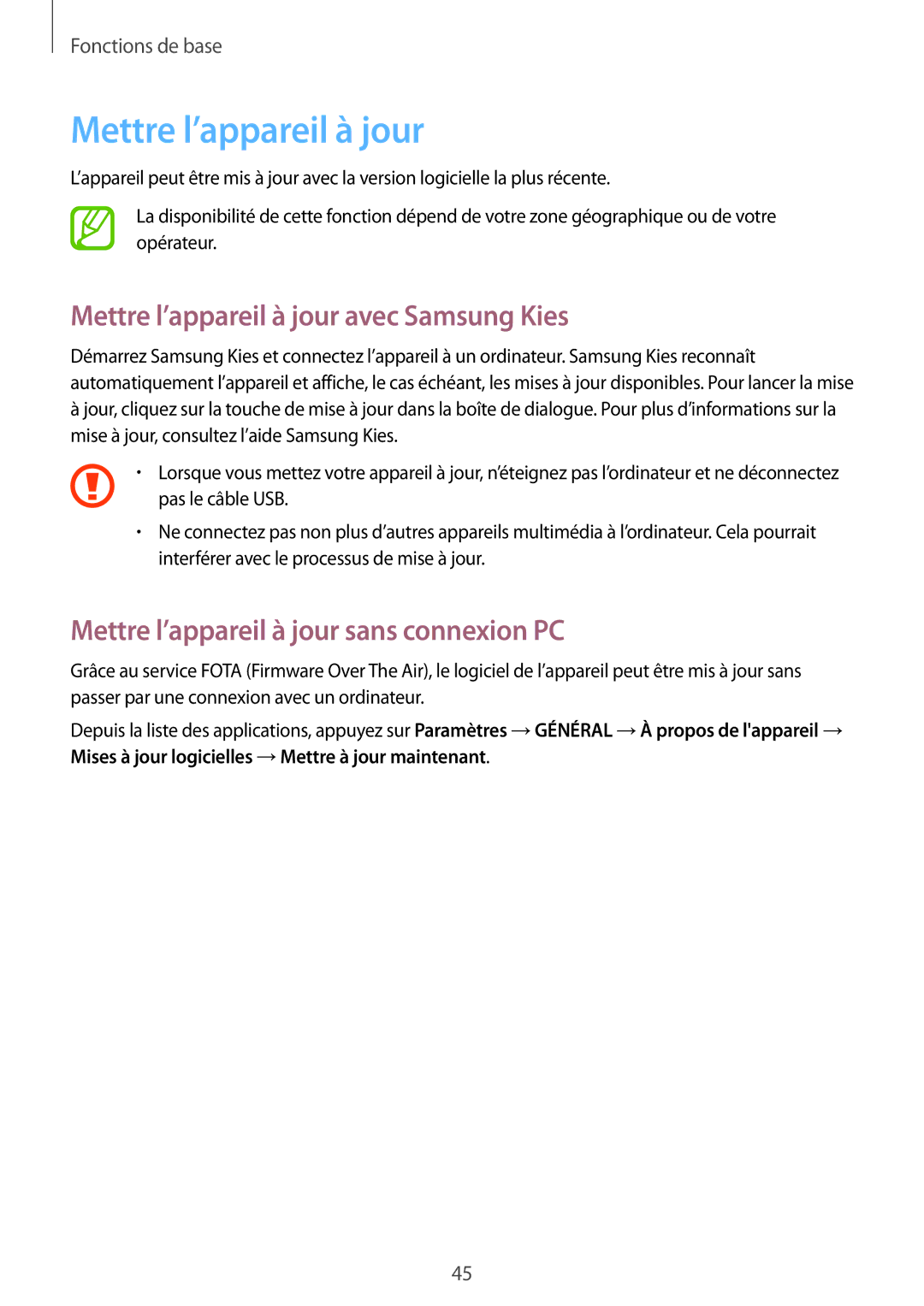 Samsung SM-P6000ZWAXEF manual Mettre l’appareil à jour avec Samsung Kies, Mettre l’appareil à jour sans connexion PC 