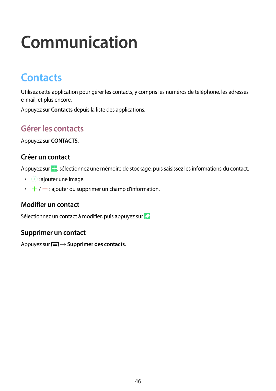 Samsung SM-P6000ZKAXEF manual Contacts, Gérer les contacts, Créer un contact, Modifier un contact, Supprimer un contact 