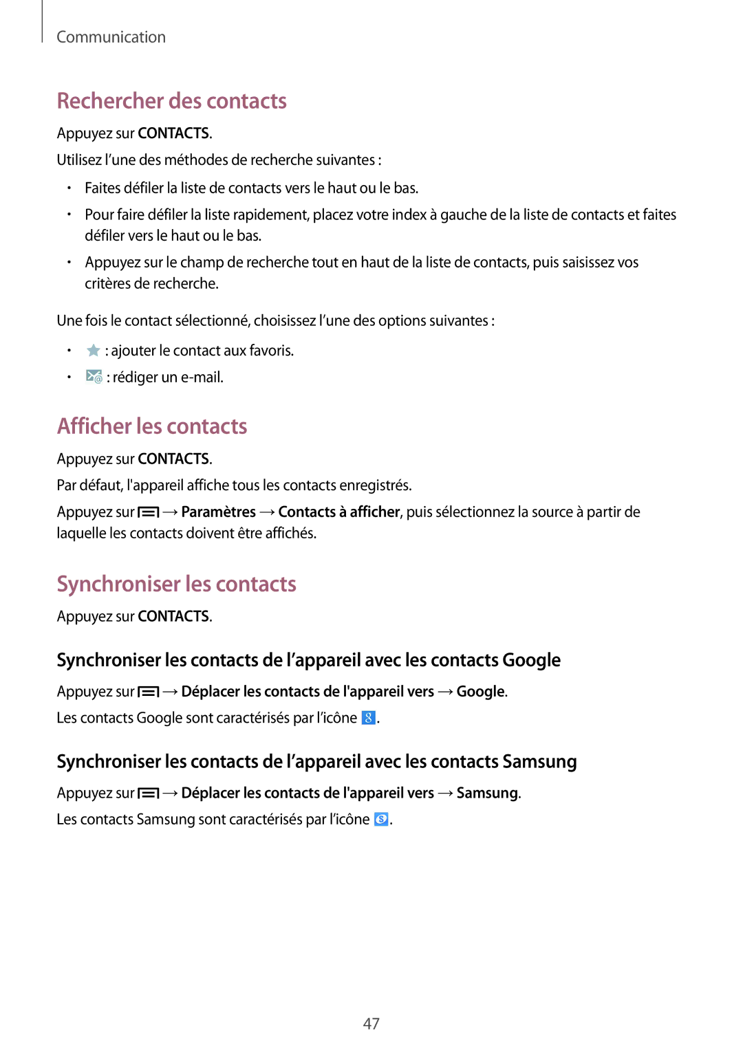 Samsung SM-P6000ZWAXEF, SM-P6000ZKAXEF manual Rechercher des contacts, Afficher les contacts, Synchroniser les contacts 