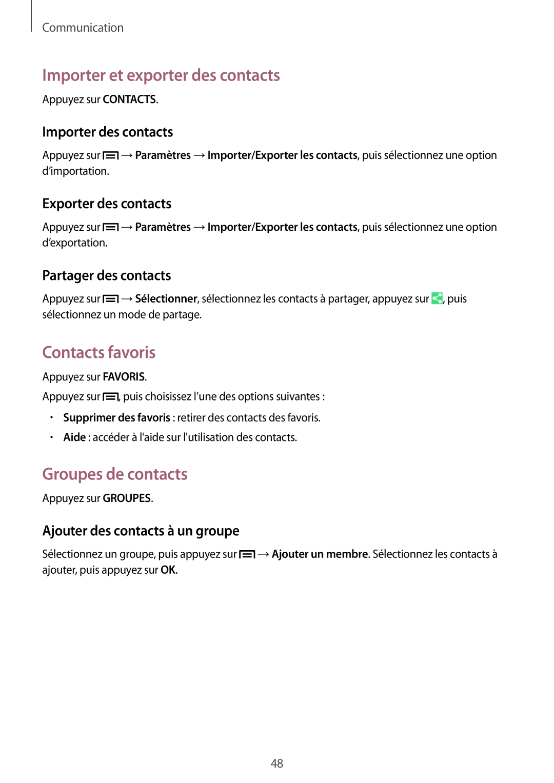 Samsung SM-P6000ZKAXEF, SM-P6000ZWAXEF manual Importer et exporter des contacts, Contacts favoris, Groupes de contacts 