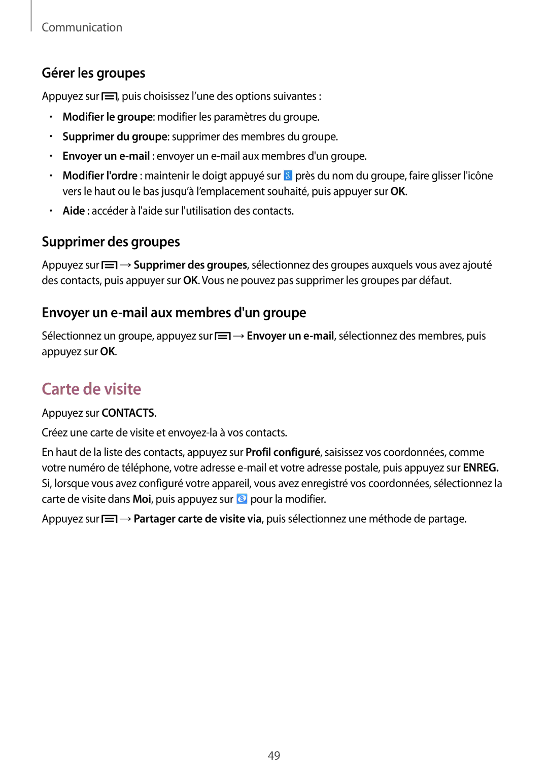 Samsung SM-P6000ZWAXEF Carte de visite, Gérer les groupes, Supprimer des groupes, Envoyer un e-mail aux membres dun groupe 