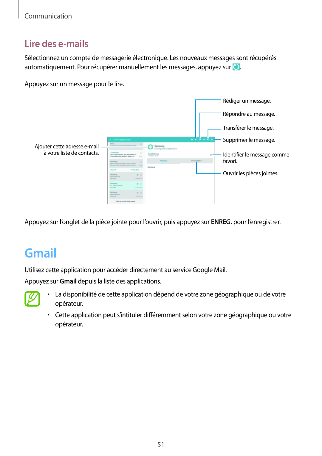 Samsung SM-P6000ZWAXEF, SM-P6000ZKAXEF manual Gmail, Lire des e-mails 