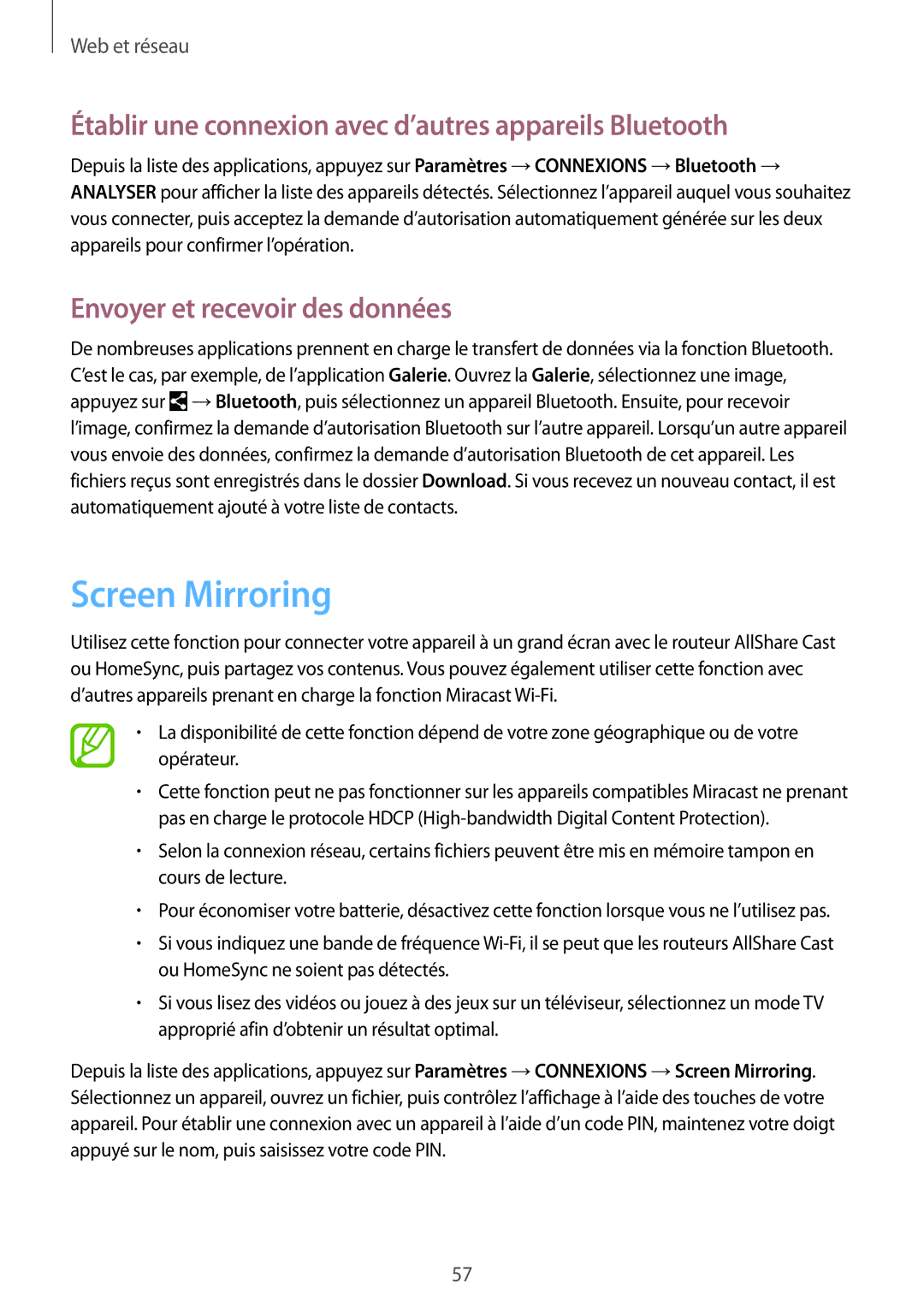 Samsung SM-P6000ZWAXEF, SM-P6000ZKAXEF manual Screen Mirroring, Établir une connexion avec d’autres appareils Bluetooth 