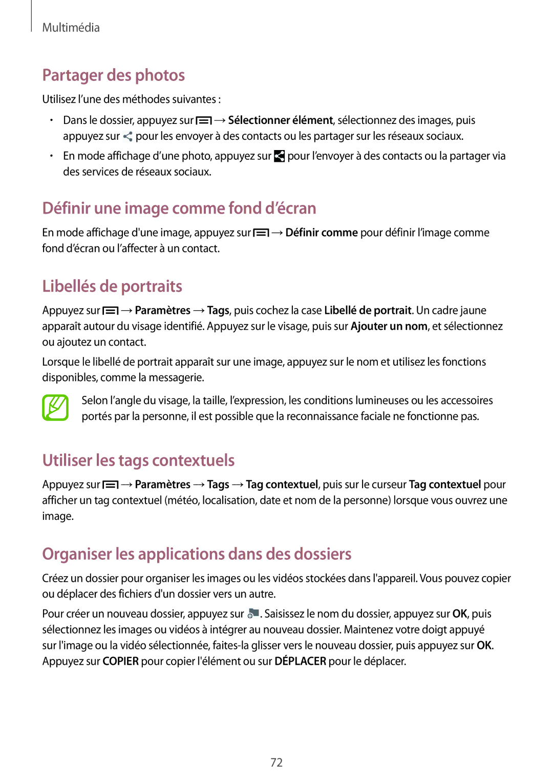 Samsung SM-P6000ZKAXEF manual Définir une image comme fond d’écran, Libellés de portraits, Utiliser les tags contextuels 