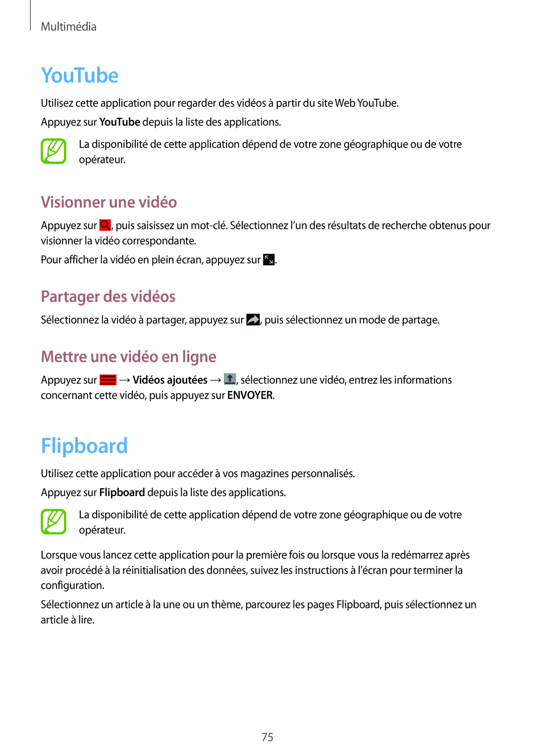 Samsung SM-P6000ZWAXEF, SM-P6000ZKAXEF manual YouTube, Flipboard, Visionner une vidéo, Mettre une vidéo en ligne 
