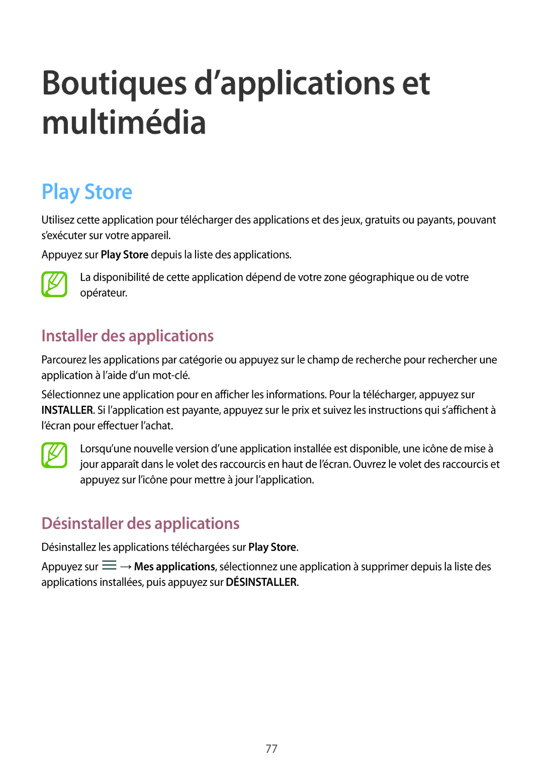 Samsung SM-P6000ZWAXEF, SM-P6000ZKAXEF manual Boutiques d’applications et multimédia, Play Store 