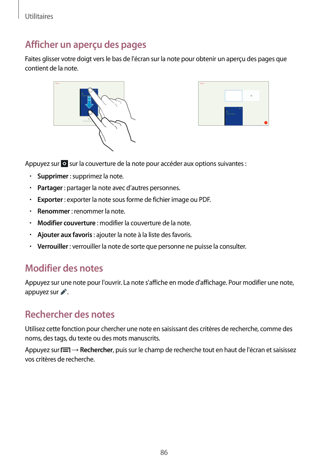 Samsung SM-P6000ZKAXEF, SM-P6000ZWAXEF manual Afficher un aperçu des pages, Modifier des notes, Rechercher des notes 