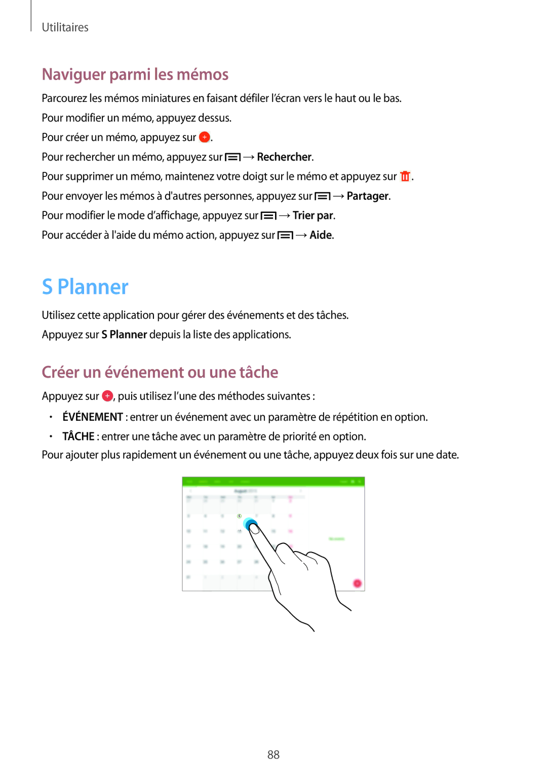 Samsung SM-P6000ZKAXEF, SM-P6000ZWAXEF manual Planner, Naviguer parmi les mémos, Créer un événement ou une tâche 