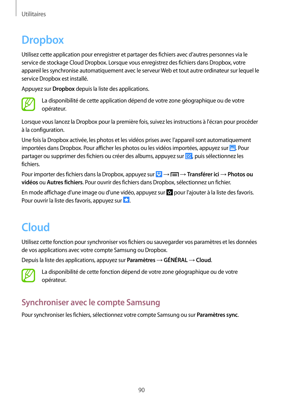 Samsung SM-P6000ZKAXEF, SM-P6000ZWAXEF manual Dropbox, Cloud, Synchroniser avec le compte Samsung 