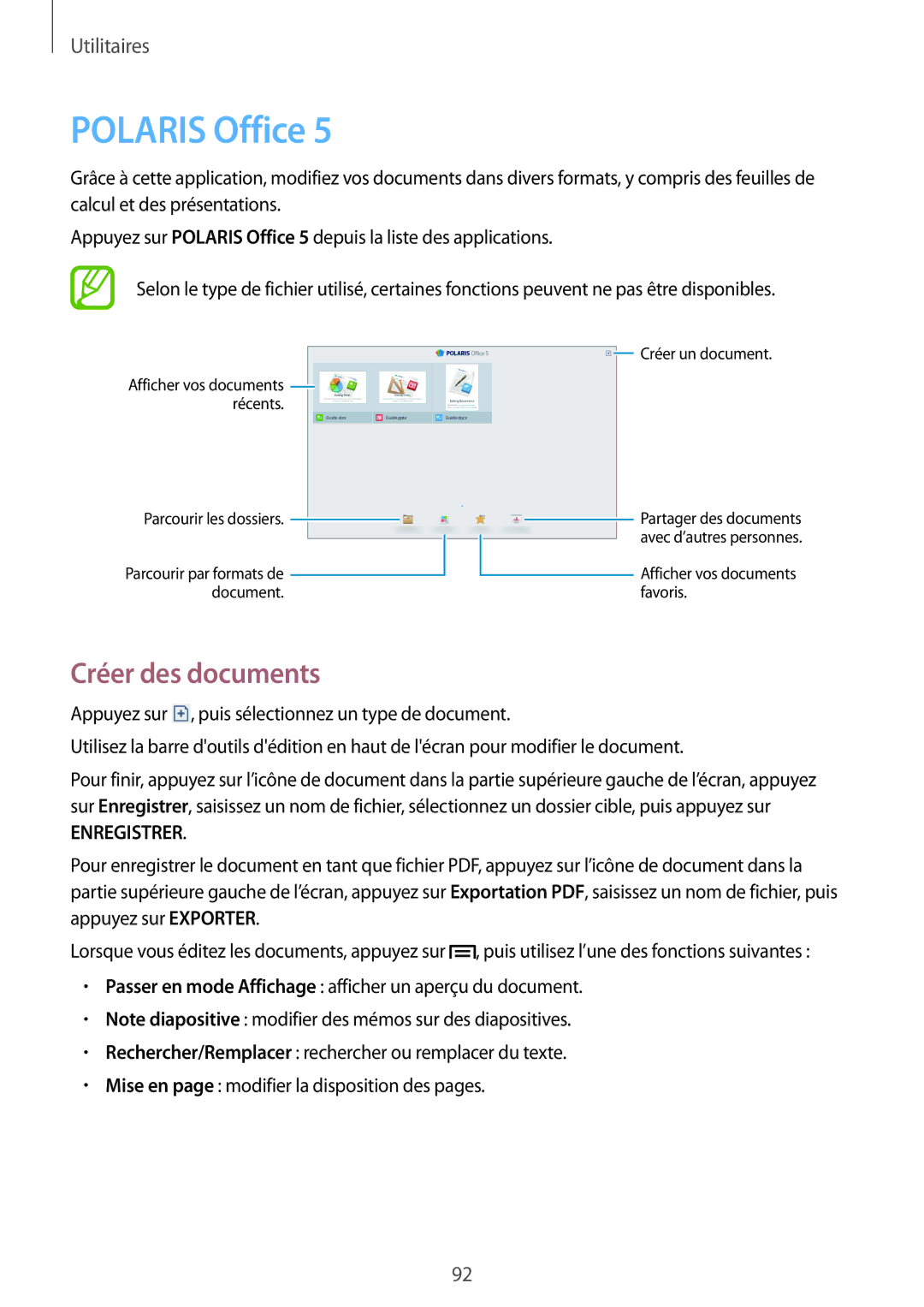 Samsung SM-P6000ZKAXEF, SM-P6000ZWAXEF manual Polaris Office, Créer des documents 