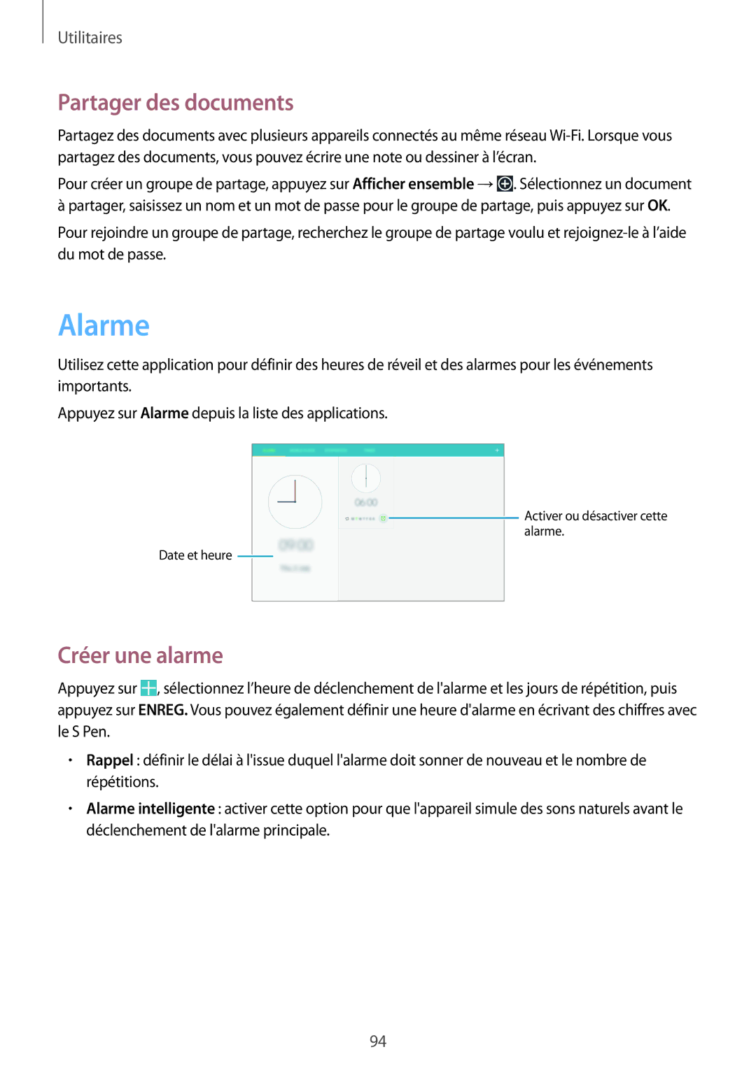 Samsung SM-P6000ZKAXEF, SM-P6000ZWAXEF manual Alarme, Partager des documents, Créer une alarme 