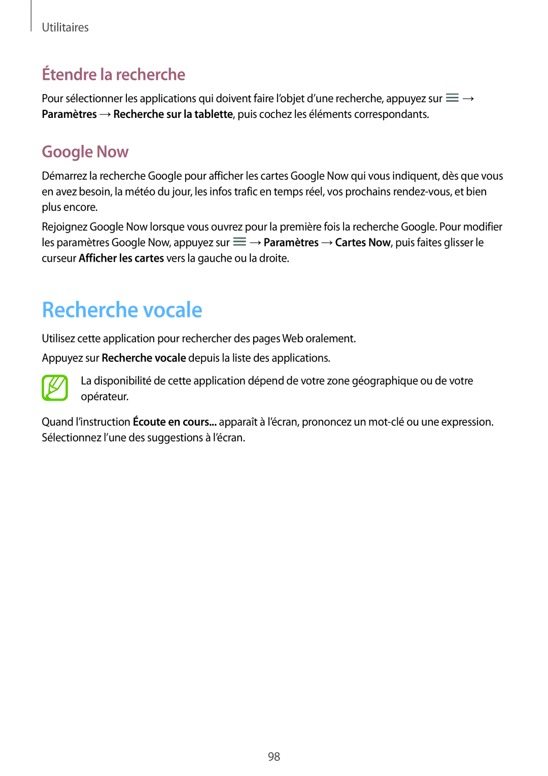 Samsung SM-P6000ZKAXEF, SM-P6000ZWAXEF manual Recherche vocale, Étendre la recherche, Google Now 