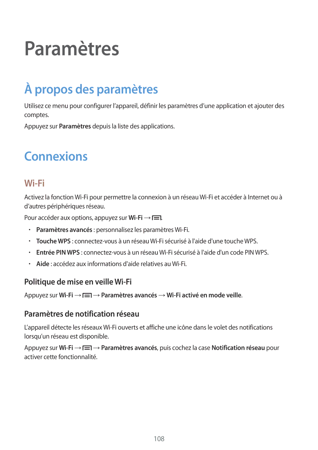 Samsung SM-P6000ZKAXEF, SM-P6000ZWAXEF manual Propos des paramètres, Connexions, Politique de mise en veille Wi-Fi 