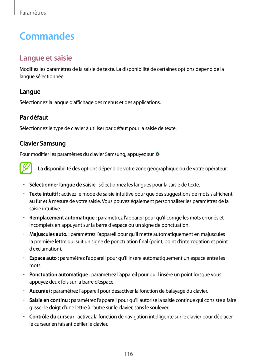 Samsung SM-P6000ZKAXEF, SM-P6000ZWAXEF manual Commandes, Langue et saisie, Par défaut, Clavier Samsung 