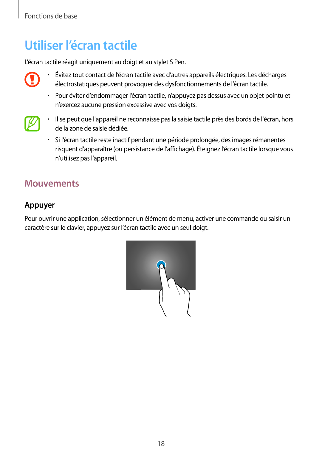 Samsung SM-P6000ZKAXEF, SM-P6000ZWAXEF manual Utiliser l’écran tactile, Mouvements, Appuyer 