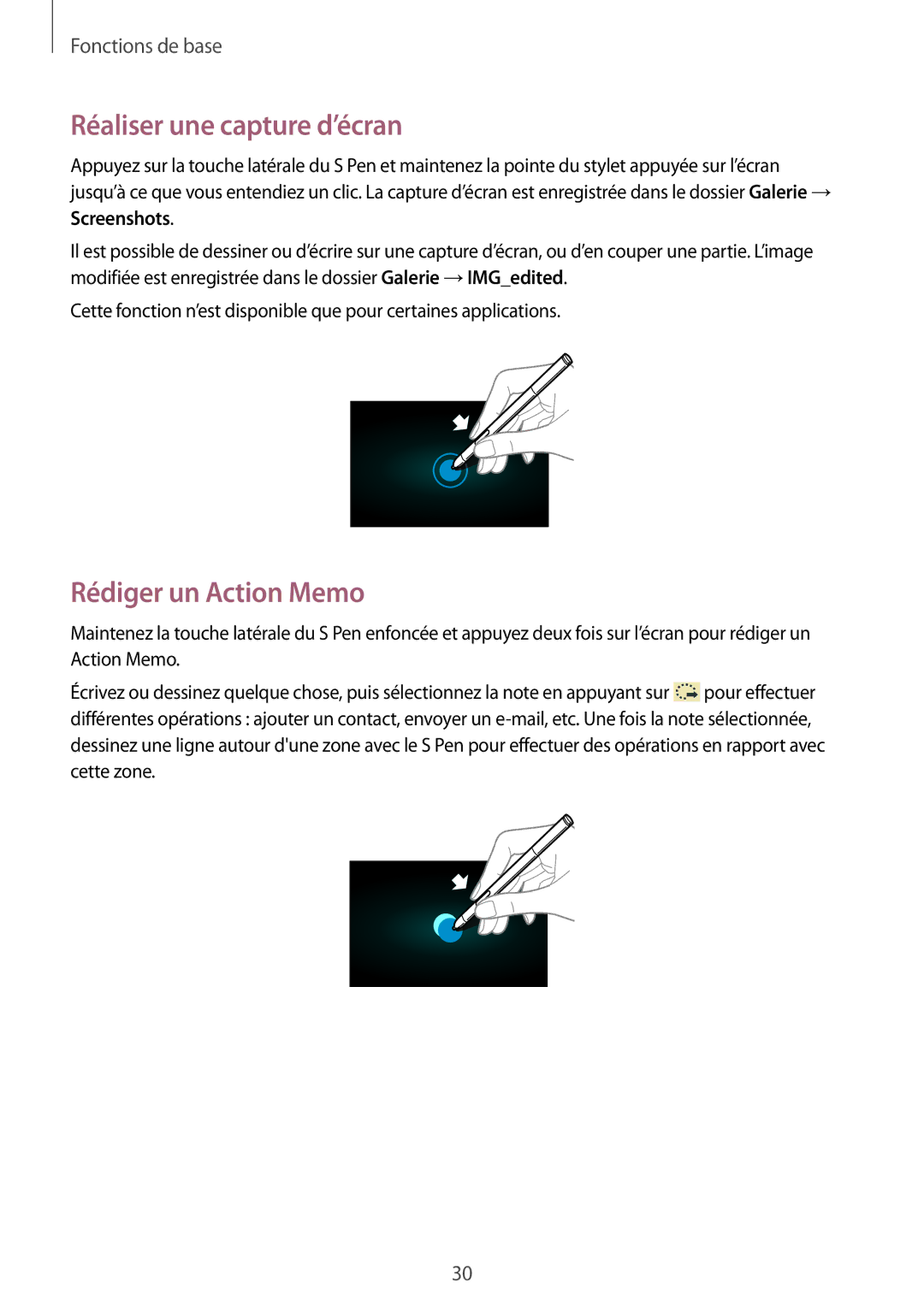 Samsung SM-P6000ZKAXEF, SM-P6000ZWAXEF manual Réaliser une capture d’écran, Rédiger un Action Memo 