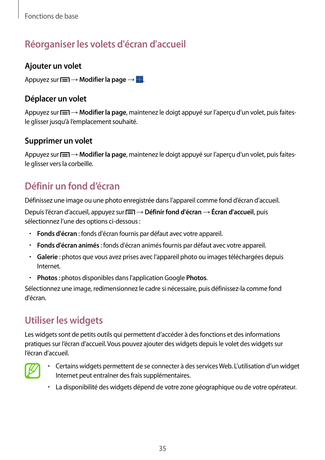 Samsung SM-P6000ZWAXEF manual Réorganiser les volets décran daccueil, Définir un fond d’écran, Utiliser les widgets 