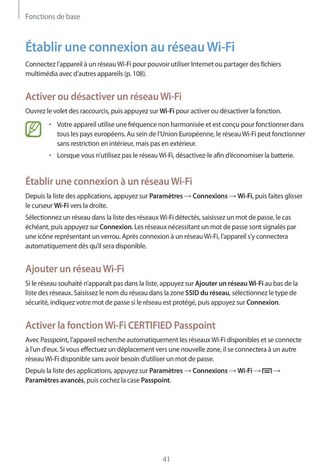 Samsung SM-P6000ZWAXEF, SM-P6000ZKAXEF manual Établir une connexion au réseau Wi-Fi, Activer ou désactiver un réseau Wi-Fi 