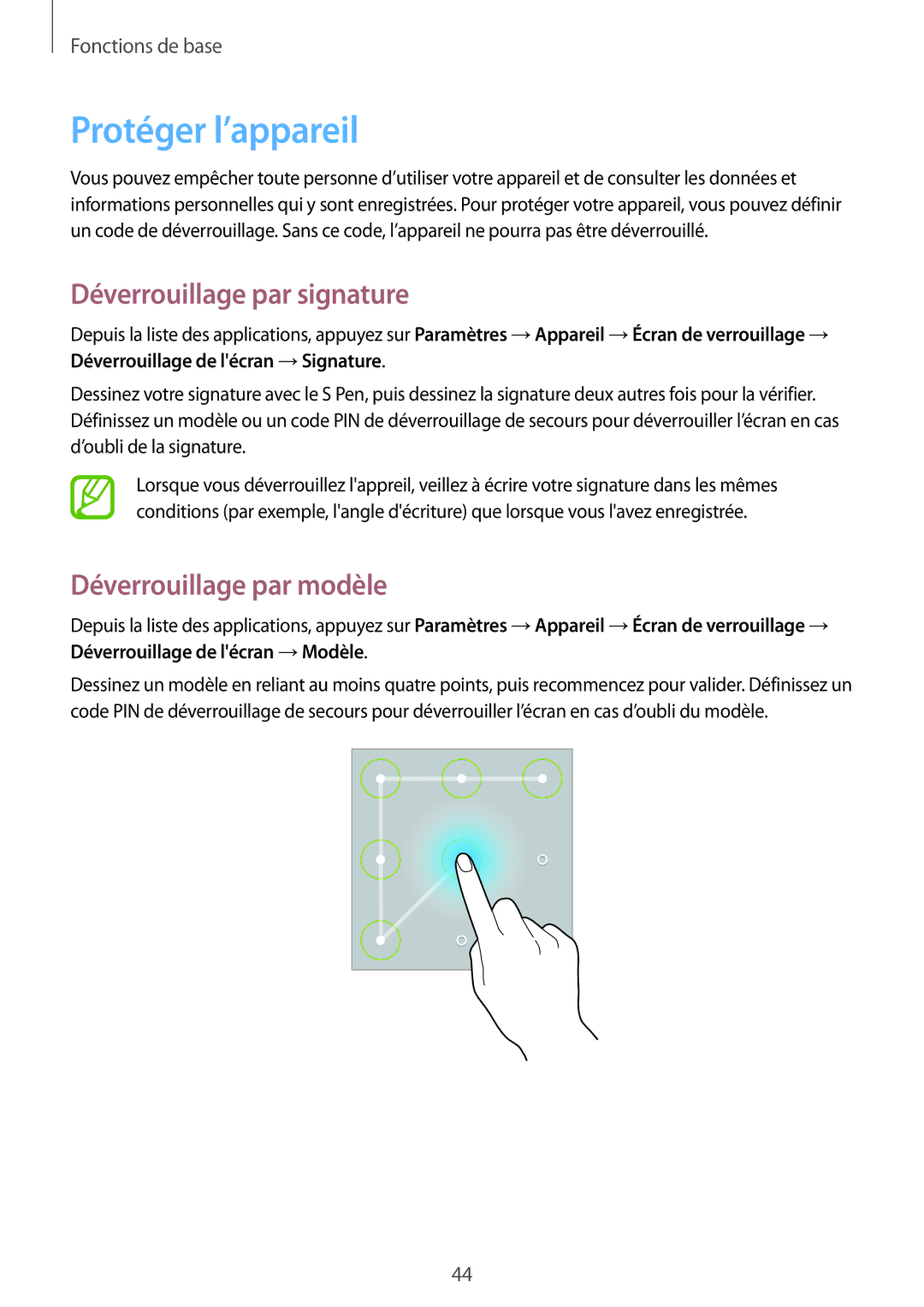 Samsung SM-P6000ZKAXEF, SM-P6000ZWAXEF manual Protéger l’appareil, Déverrouillage par signature, Déverrouillage par modèle 